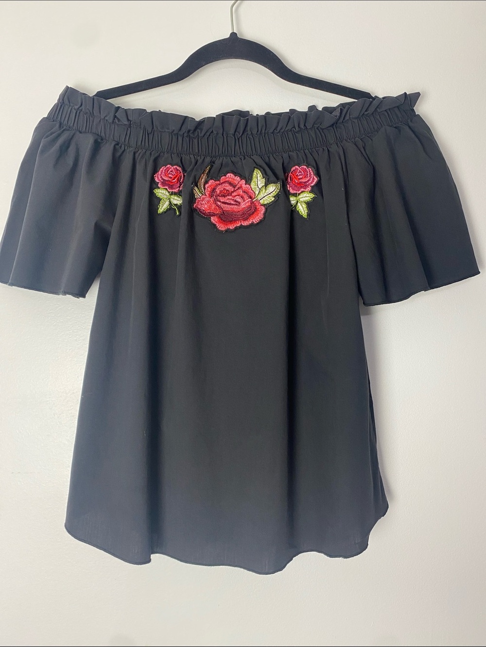 mine Black Peasant Blouse Off-Shoulder with Red Rose Embroidery